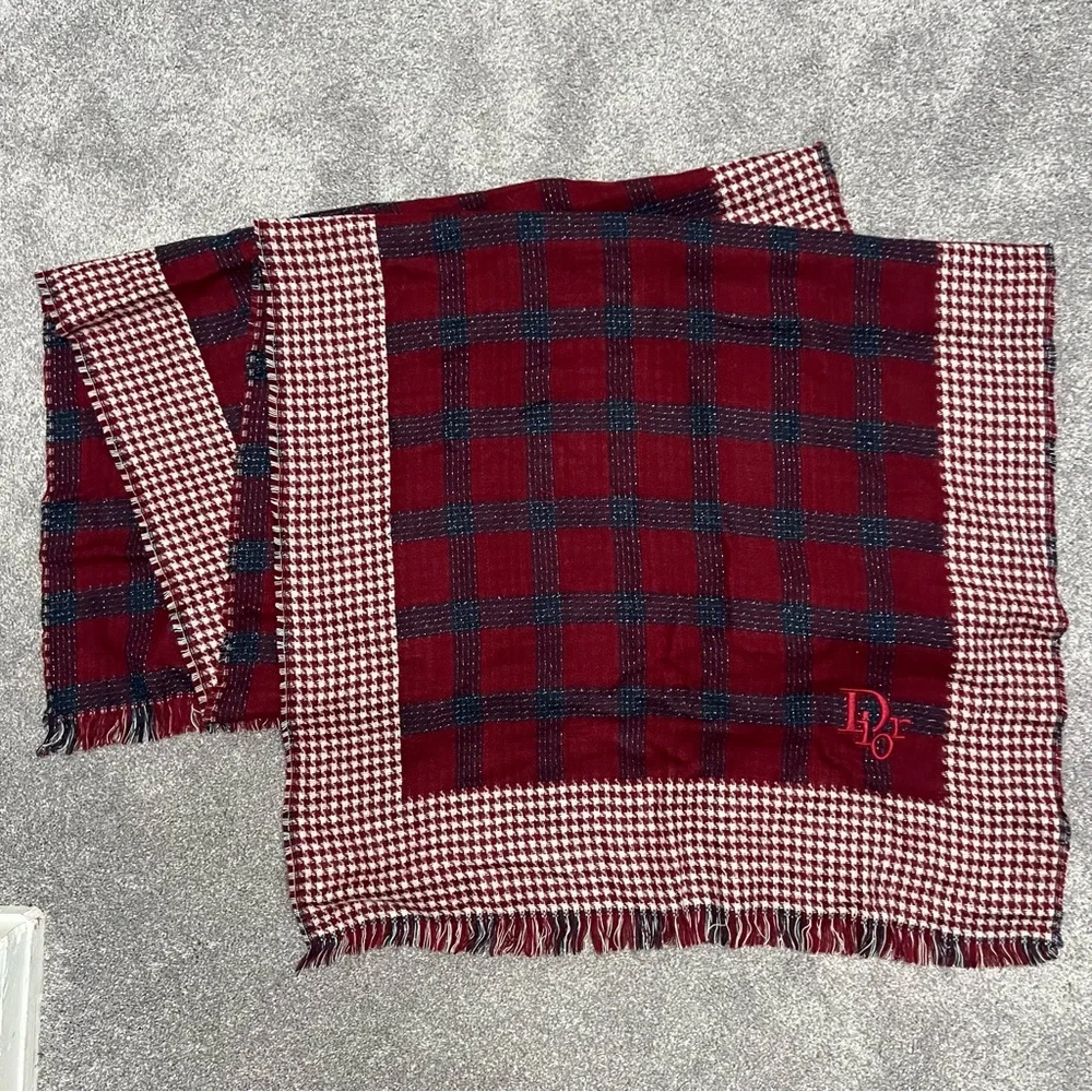 Christian Dior Vintage Soft Multicolor plaid red white and blue scarf with frill